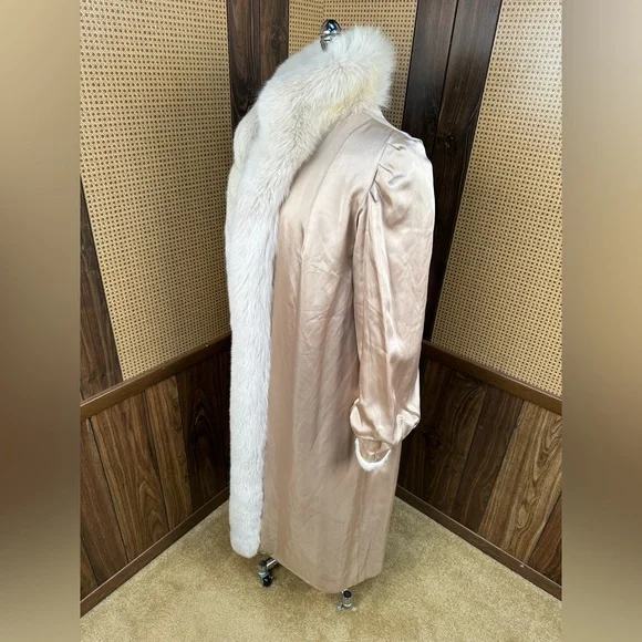 STUNNING VINTAGE FULL LENGTH IVORY CREAM MINK & FOX COLLAR FUR COAT JACKET XL - Picture 9 of 10